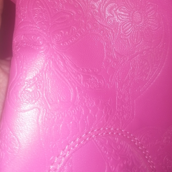 Hot pink skull mid-calf boots with a 1 inch heel. - Picture 2 of 4